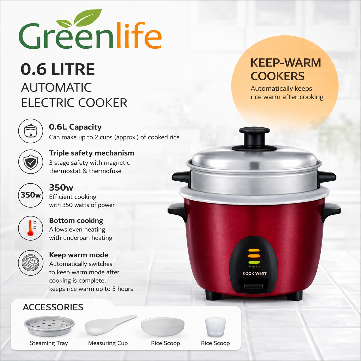GreenLife 0.6L Mini Electric Rice Cooker – Automatic Cooking, Quick & Convenient, Perfect for Small Meals