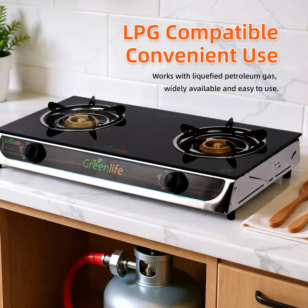 Greenlife DUO Glasstop Double Burner Safe Gas Cooker Efficient stove Easy Cooking Instant Ignition Explosion Resistant