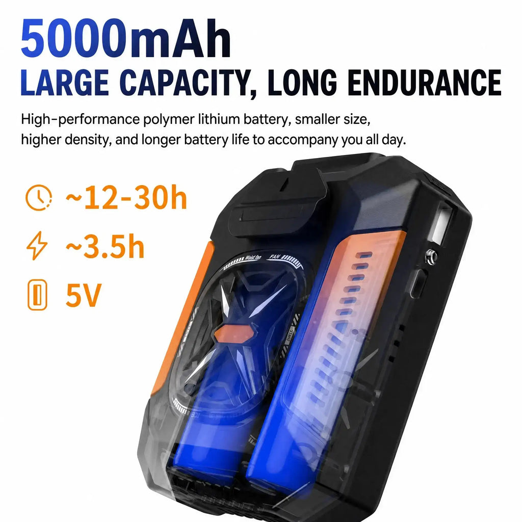 A 5000mAh dual-battery power bank with a black and orange rugged design, shown on a white background with promotional text highlighting its large capacity, long endurance, and 5V output.