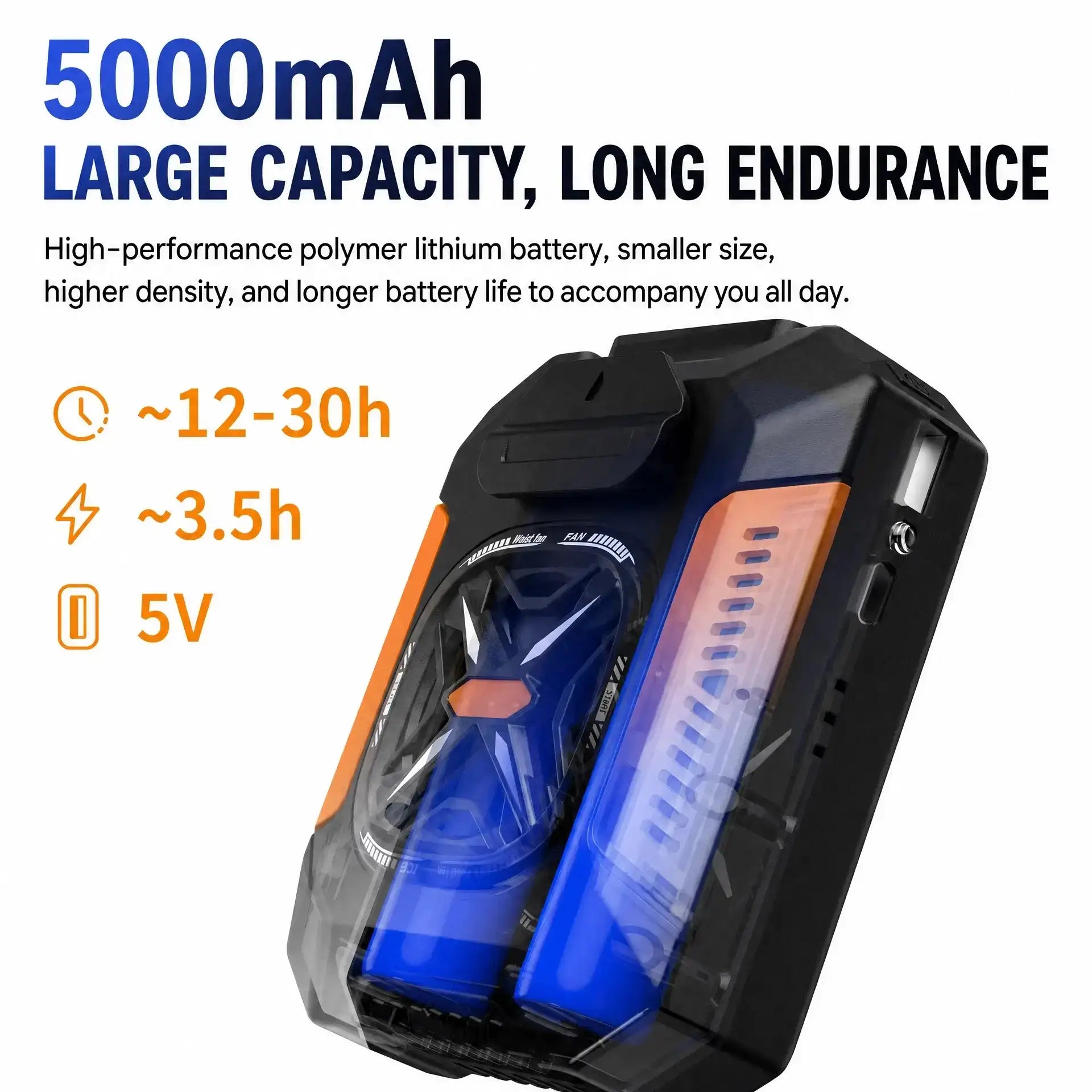 A 5000mAh dual-battery power bank with a black and orange rugged design, shown on a white background with promotional text highlighting its large capacity, long endurance, and 5V output.