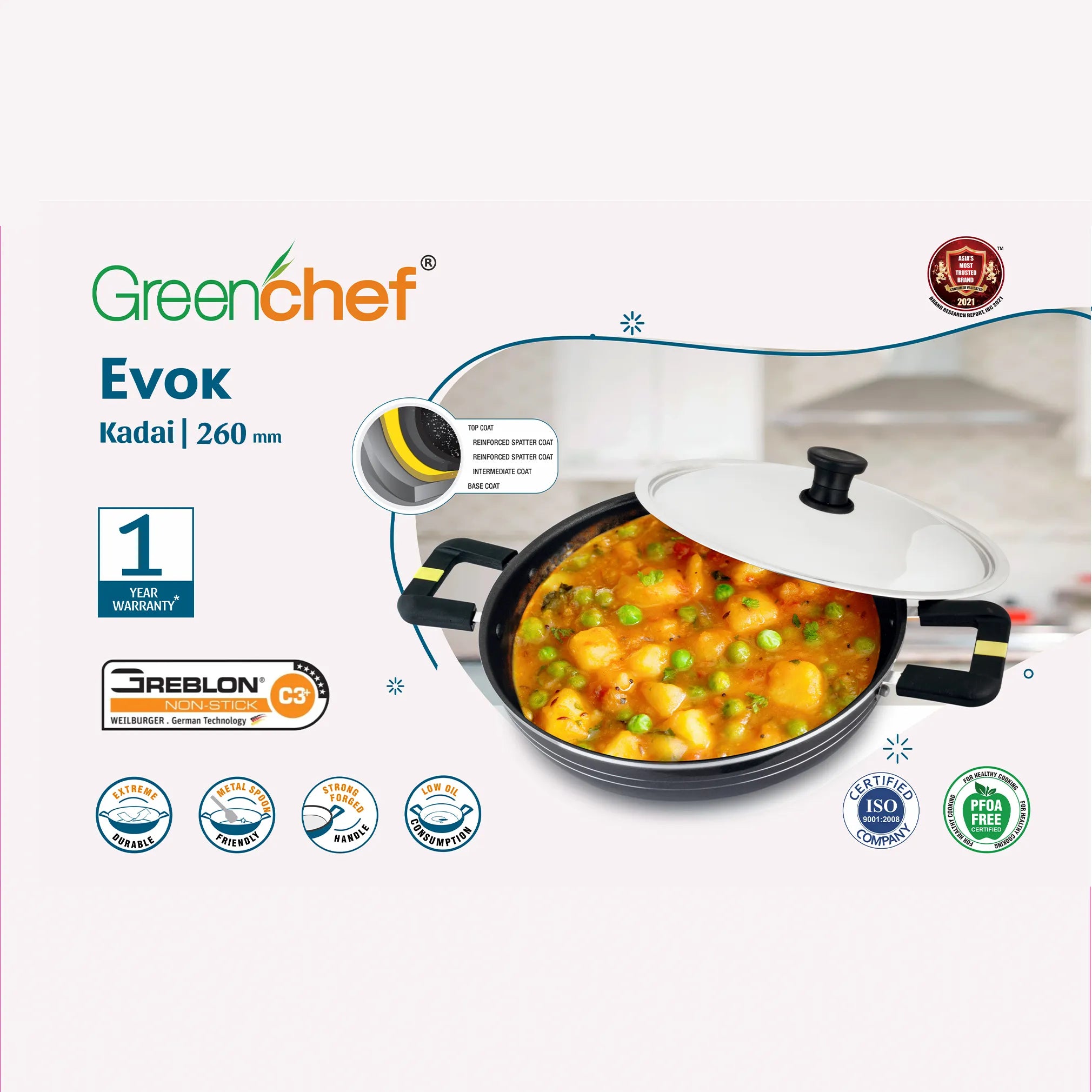 Greenchef Kadai 260mm Evok Aluminium Pot Non-stick Pan Multi Fuctions stainless steel 2 Year Warranty