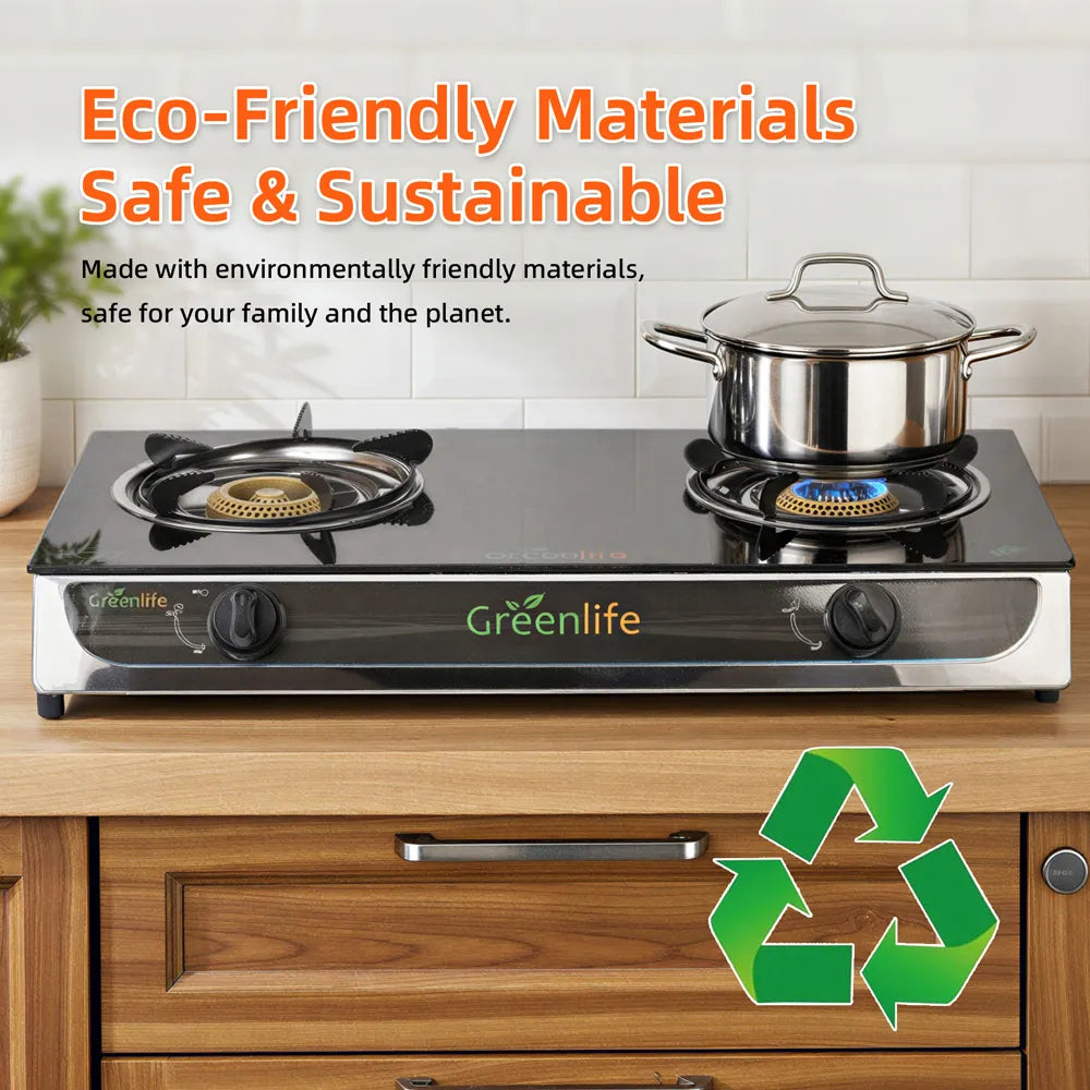 Greenlife DUO Glasstop Double Burner Safe Gas Cooker Efficient stove Easy Cooking Instant Ignition Explosion Resistant