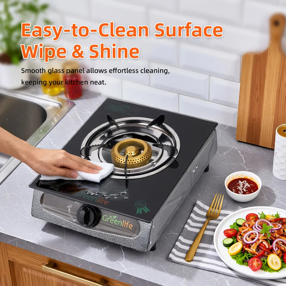 Greenlife UNIC Single Burner Glass Top Safe Gas Cooker Efficient stove Easy Cooking Instant Ignition High powered Cosmo Burner