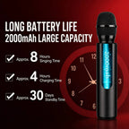 A black handheld microphone-style battery power bank with a glowing blue digital display reading 2000mAh, shown on a dark red background with promotional text about 2000mAh capacity, 8 hours singing time, 4 hours charging time, and 30 days standby time.