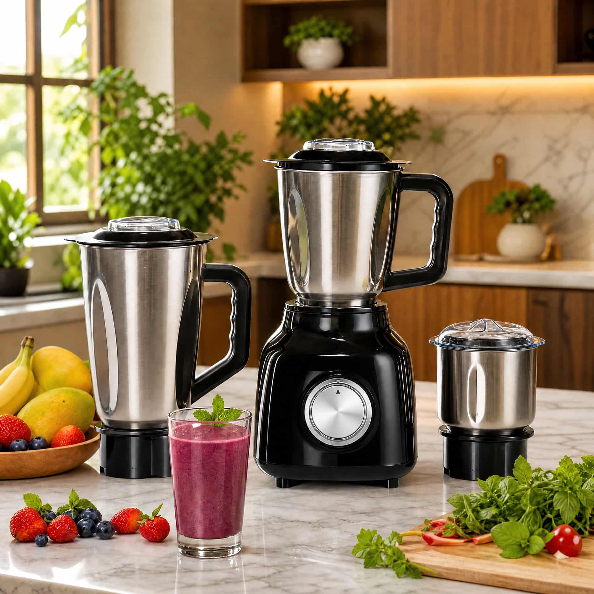 750W 3-in-1 Multifunctional Blender 3 Cups Set | 1.5L Stainless Steel Blender Jar + Chopper Cup + Grinder Cup | Juice Maker, Meat Chopper, Food Processor
