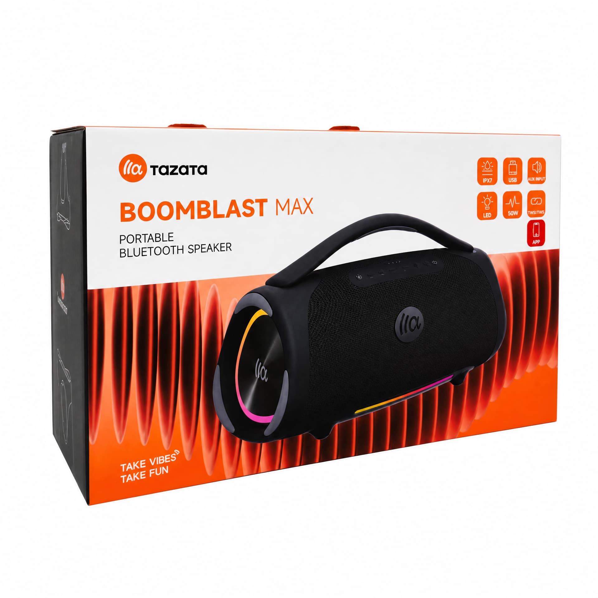 TAZATA BOOMBLAST MAX IPX7 portable Bluetooth Speaker Waterproof Wireless Party Stereo With 4 To 10 Hours Battery Life