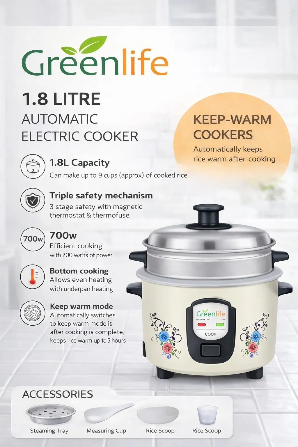 Greenlife 1.8L Automatic Electric Rice Cooker | 700W Fast Cooking | Keep Warm | Large Capacity & Triple Safety System