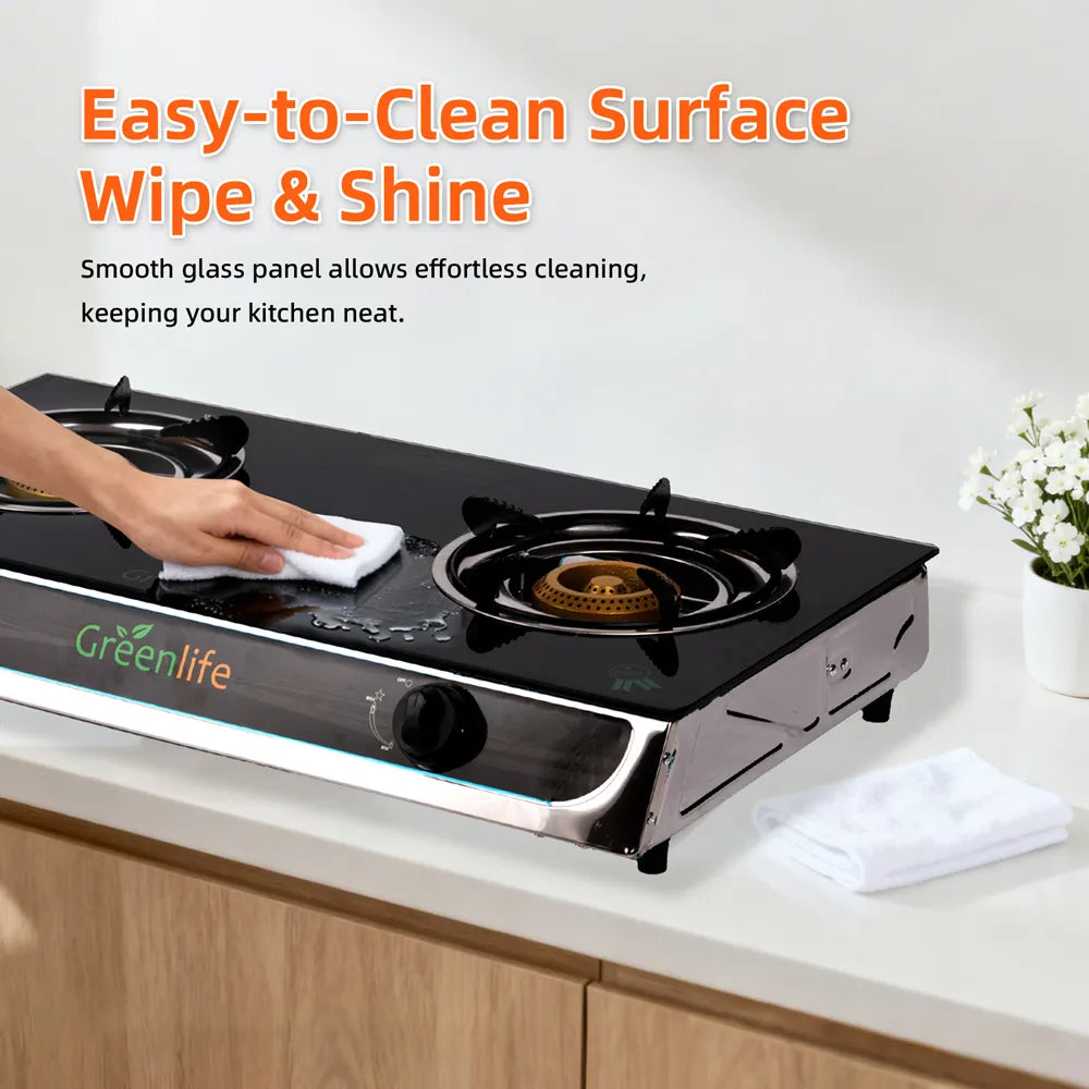 Greenlife DUO Glasstop Double Burner Safe Gas Cooker Efficient stove Easy Cooking Instant Ignition Explosion Resistant