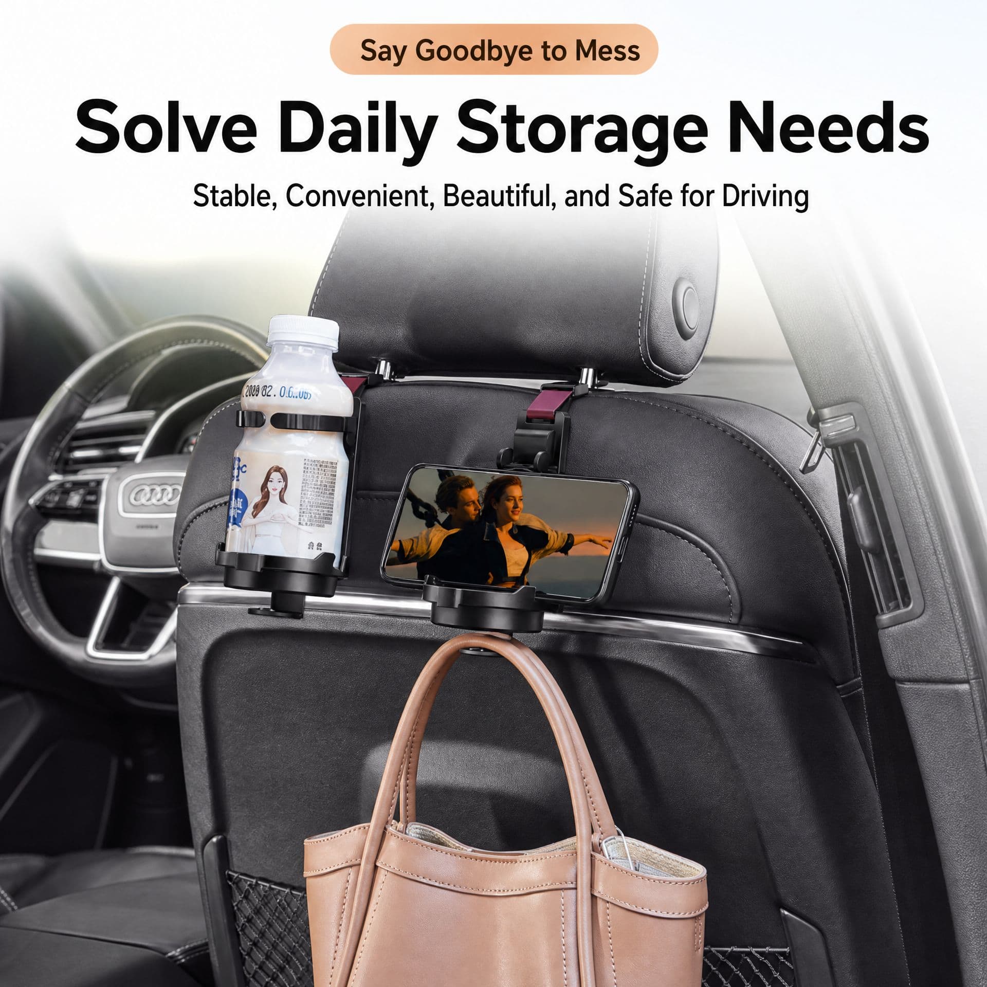 2-in-1 Car Headrest Hook & Cup Holder - Universal Back Seat Organizer, Phone Mount, and Bag Hanger