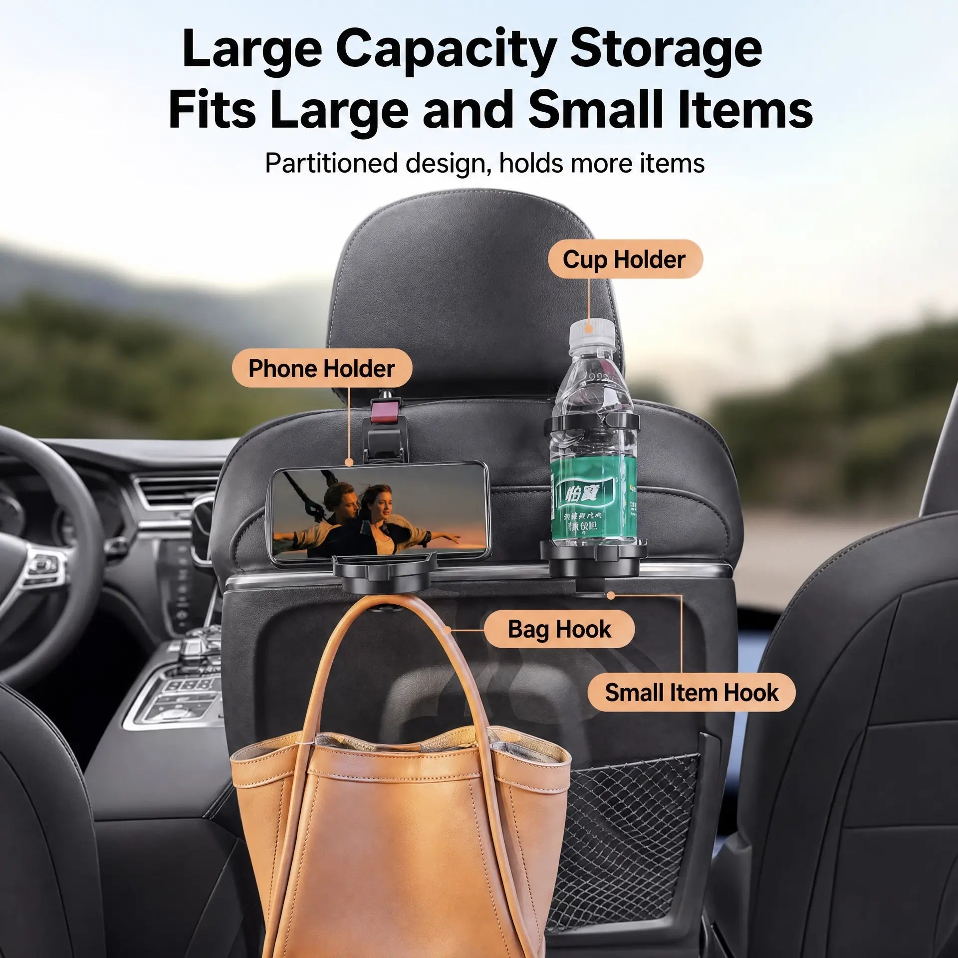 2-in-1 Car Headrest Hook & Cup Holder - Universal Back Seat Organizer, Phone Mount, and Bag Hanger