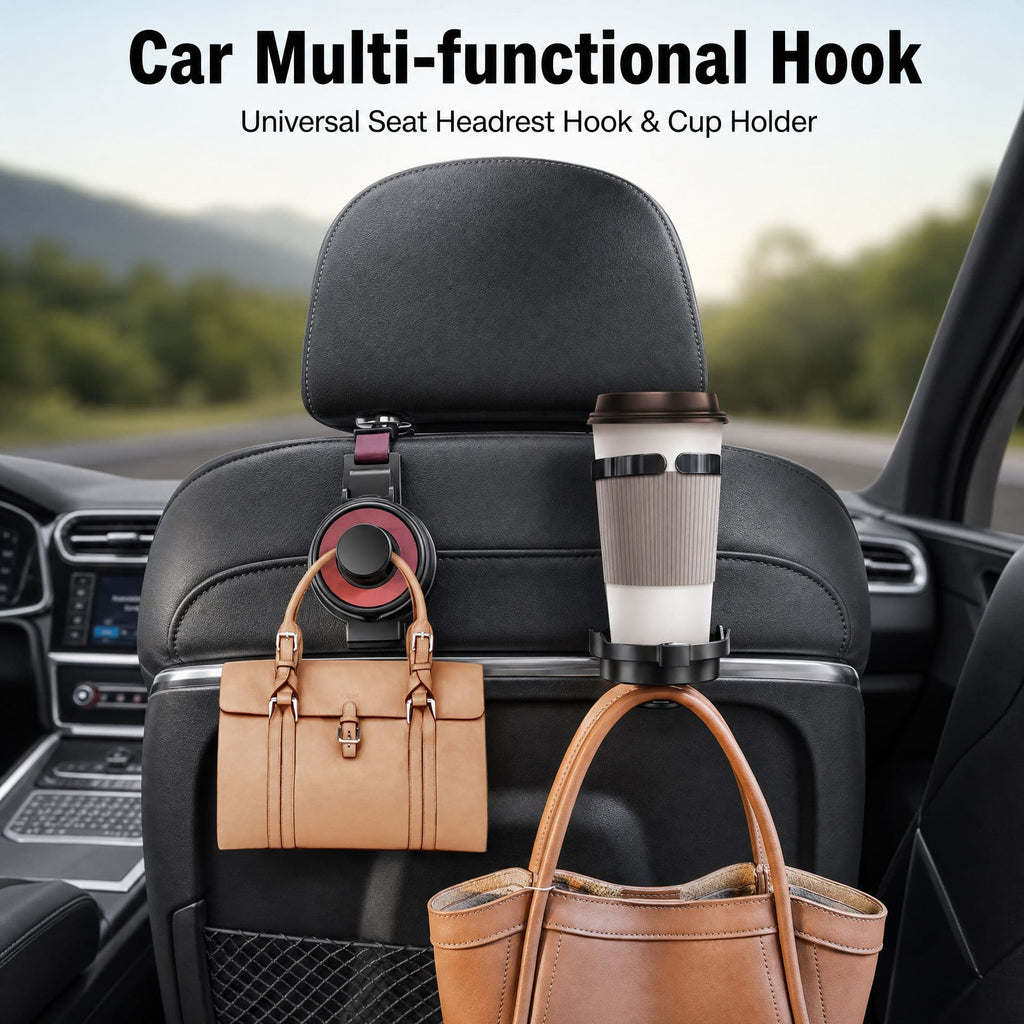 2-in-1 Car Headrest Hook & Cup Holder - Universal Back Seat Organizer, Phone Mount, and Bag Hanger