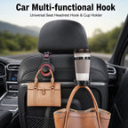 2-in-1 Car Headrest Hook & Cup Holder - Universal Back Seat Organizer, Phone Mount, and Bag Hanger