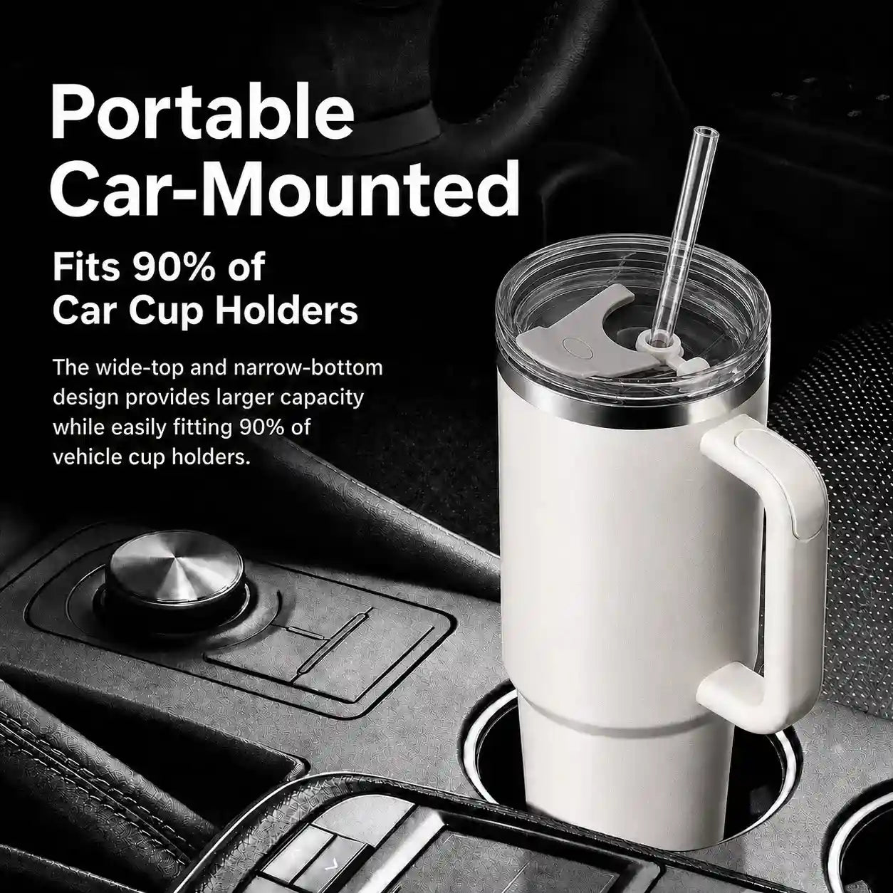 A white insulated travel tumbler with a handle and clear straw, shown mounted in a car cup holder with promotional text on the left.
