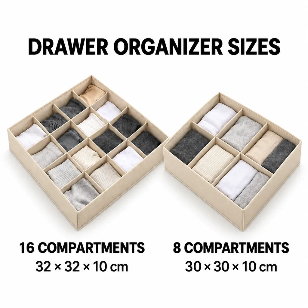 Beige foldable drawer organizer with compartments for clothes