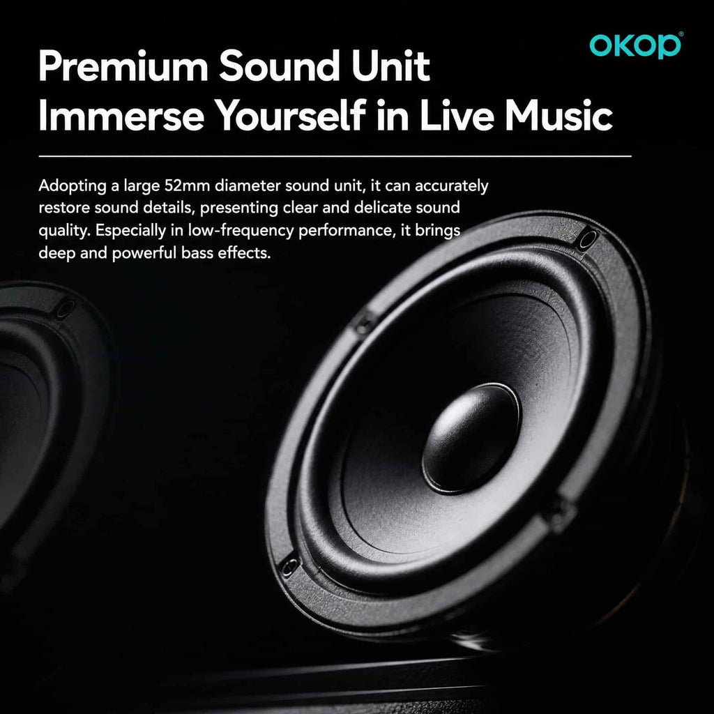 Premium sound unit with text about live music immersion and OKOP branding.