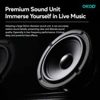 Premium sound unit with text about live music immersion and OKOP branding.
