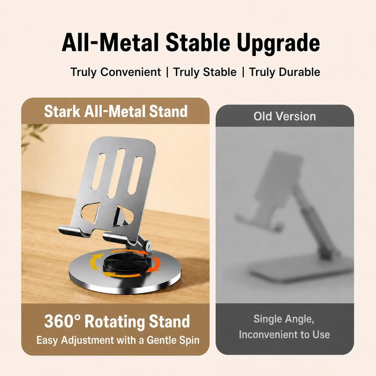 All-Metal 360° Rotating Phone & Tablet Stand - Heavy Duty Foldable Desktop Holder, Adjustable Multi-Angle Stand for iPhone & iPad