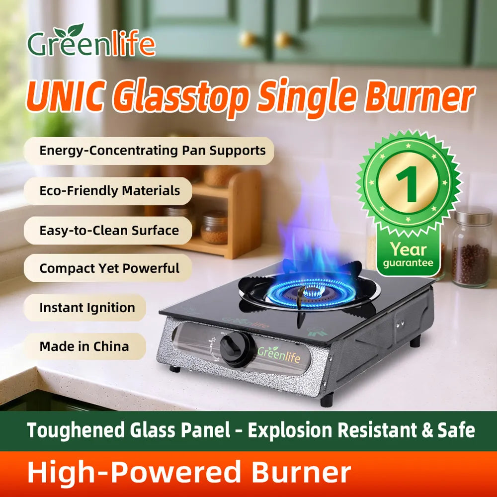 Greenlife UNIC Single Burner Glass Top Safe Gas Cooker Efficient stove Easy Cooking Instant Ignition High powered Cosmo Burner