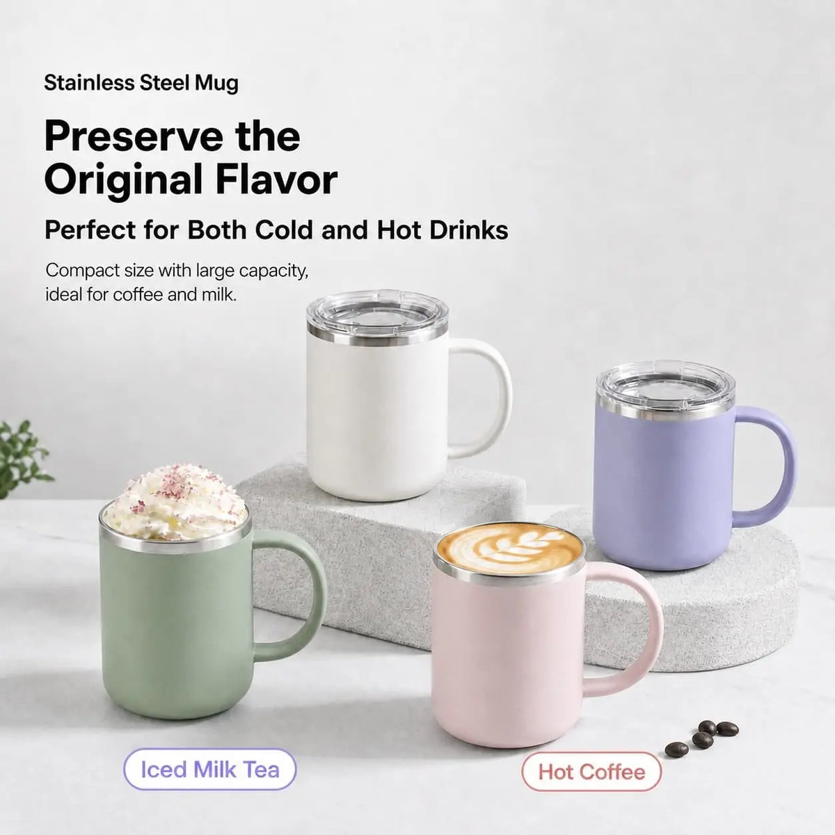 450ml stainless steel insulated coffee mug with handle and lid - product image 2