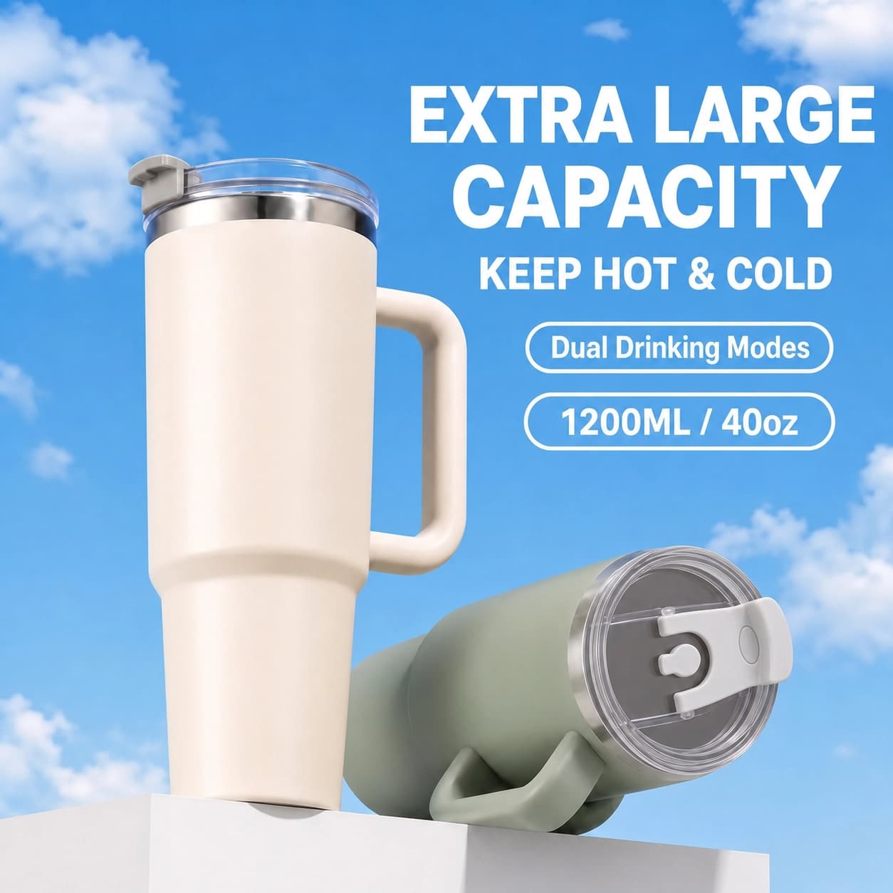 40oz (1200ml) Insulated Stainless Steel Tumbler with Handle & Straw | Leak-Proof Vacuum Travel Mug for Hot & Cold Drinks