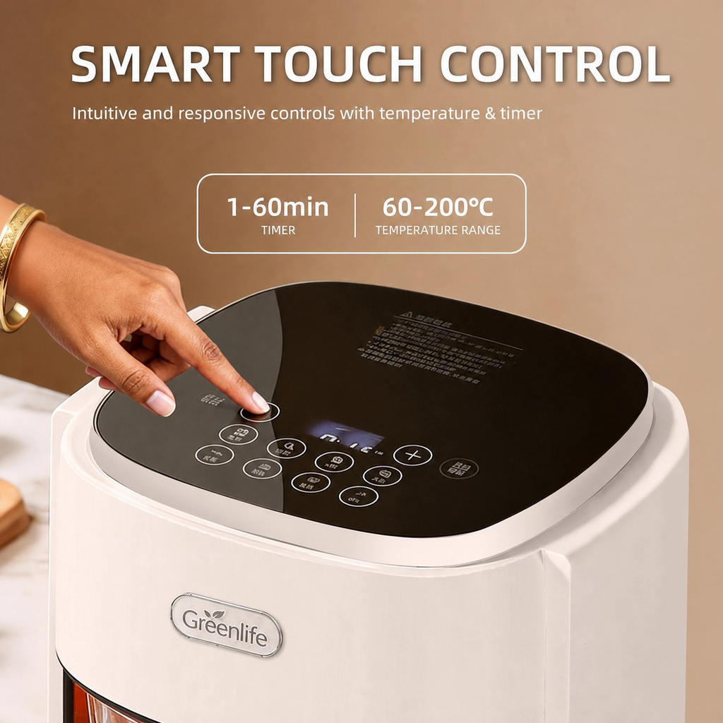 Greenlife 4.5L Smart Touch Multi-Function Air Fryer with Glass Pot Oil Free Cooking, High-Speed & Time-Saving