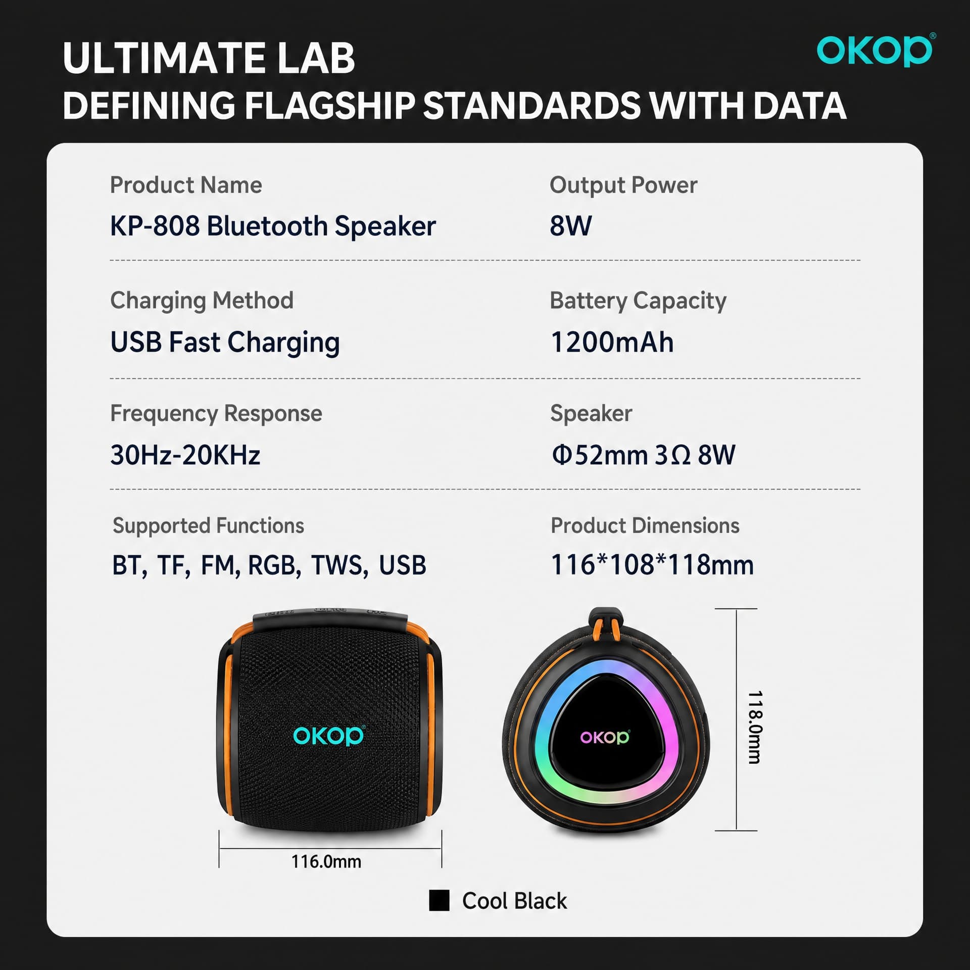 OKOP KP-808 Portable RGB Bluetooth Speaker with Heavy Bass & Long Battery Life