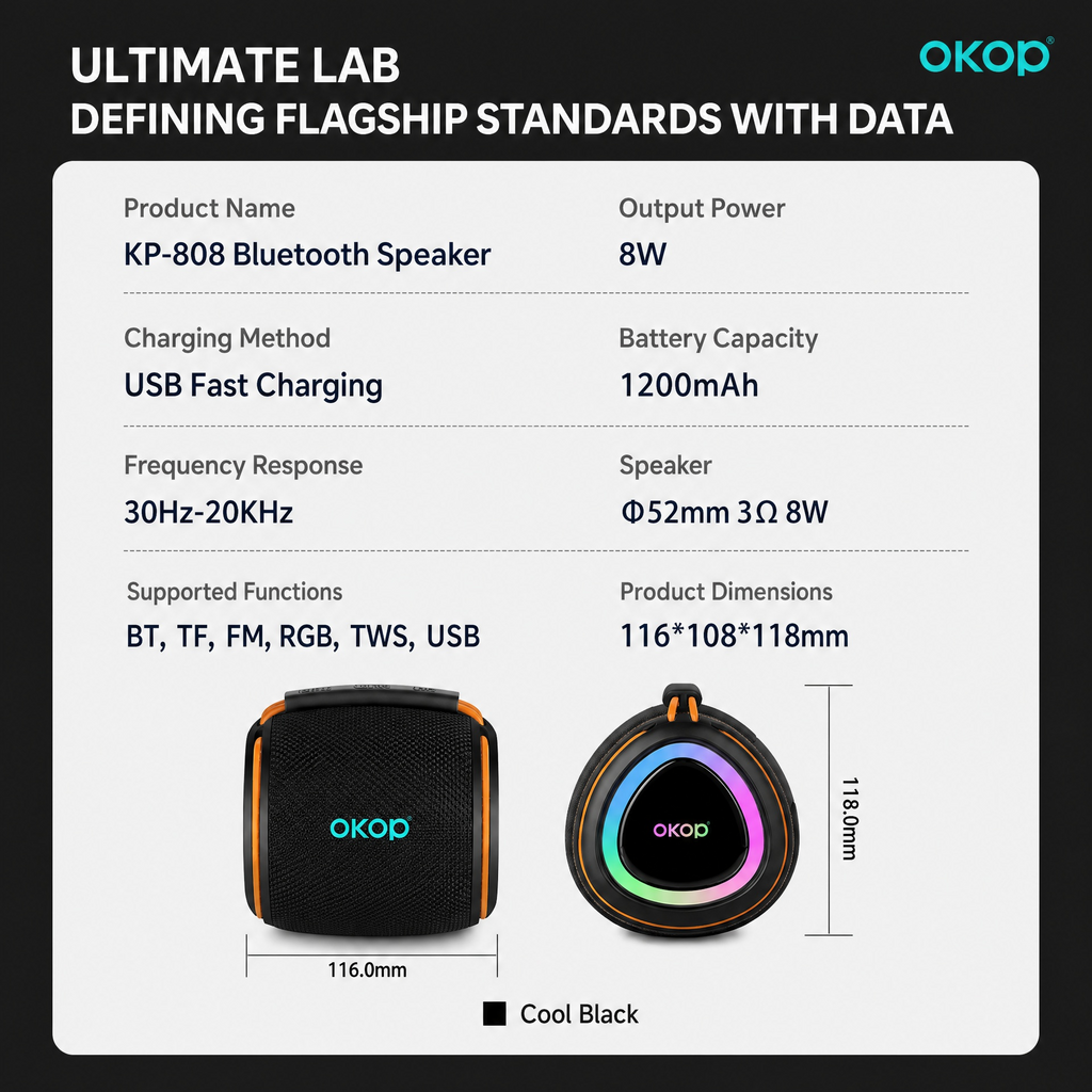 OKOP KP-808 Portable RGB Bluetooth Speaker with Heavy Bass & Long Battery Life