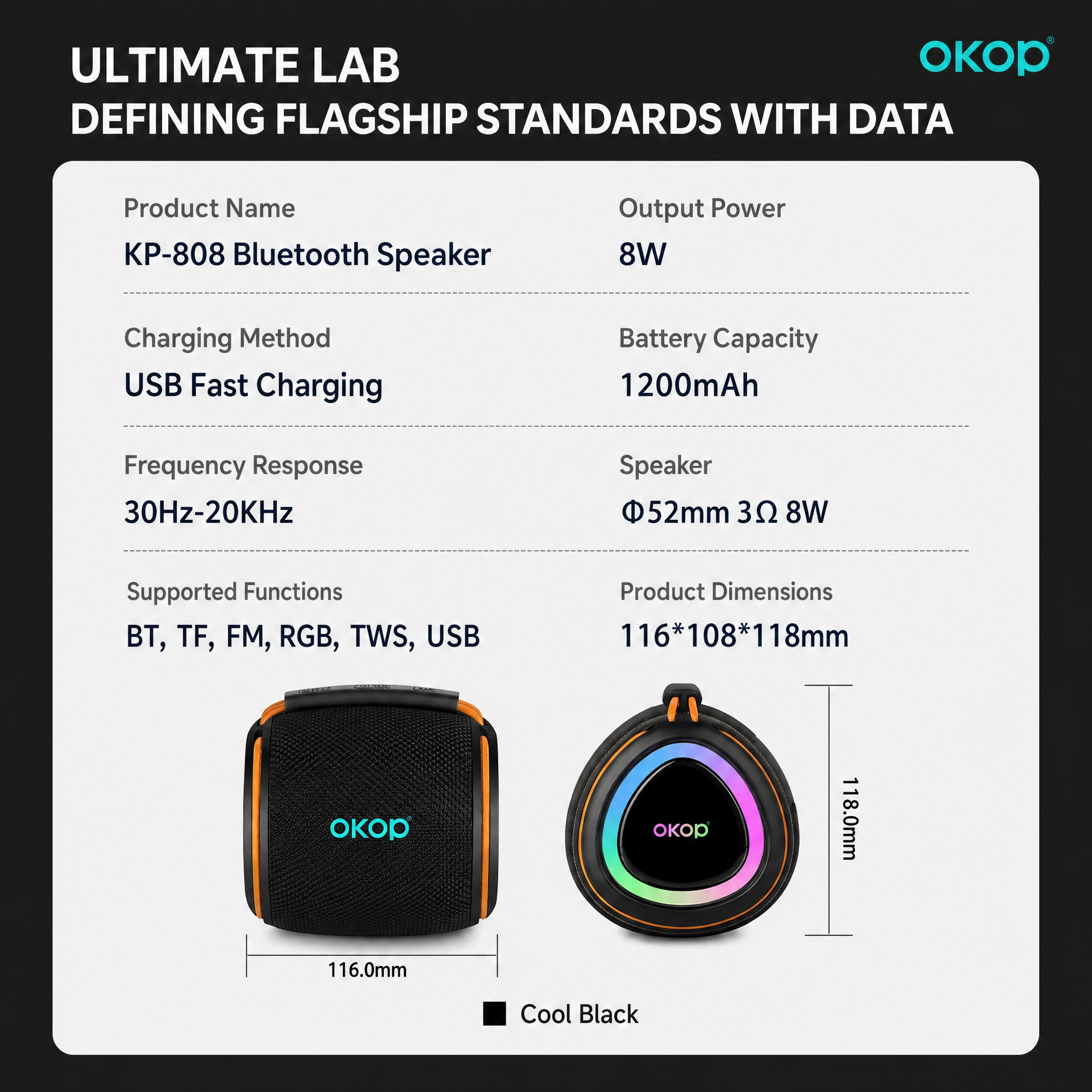 OKOP KP-808 Portable RGB Bluetooth Speaker with Heavy Bass & Long Battery Life