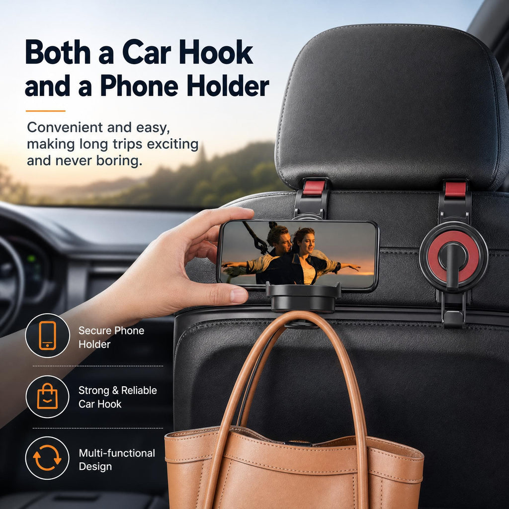 2-in-1 Car Headrest Hook & Cup Holder - Universal Back Seat Organizer, Phone Mount, and Bag Hanger