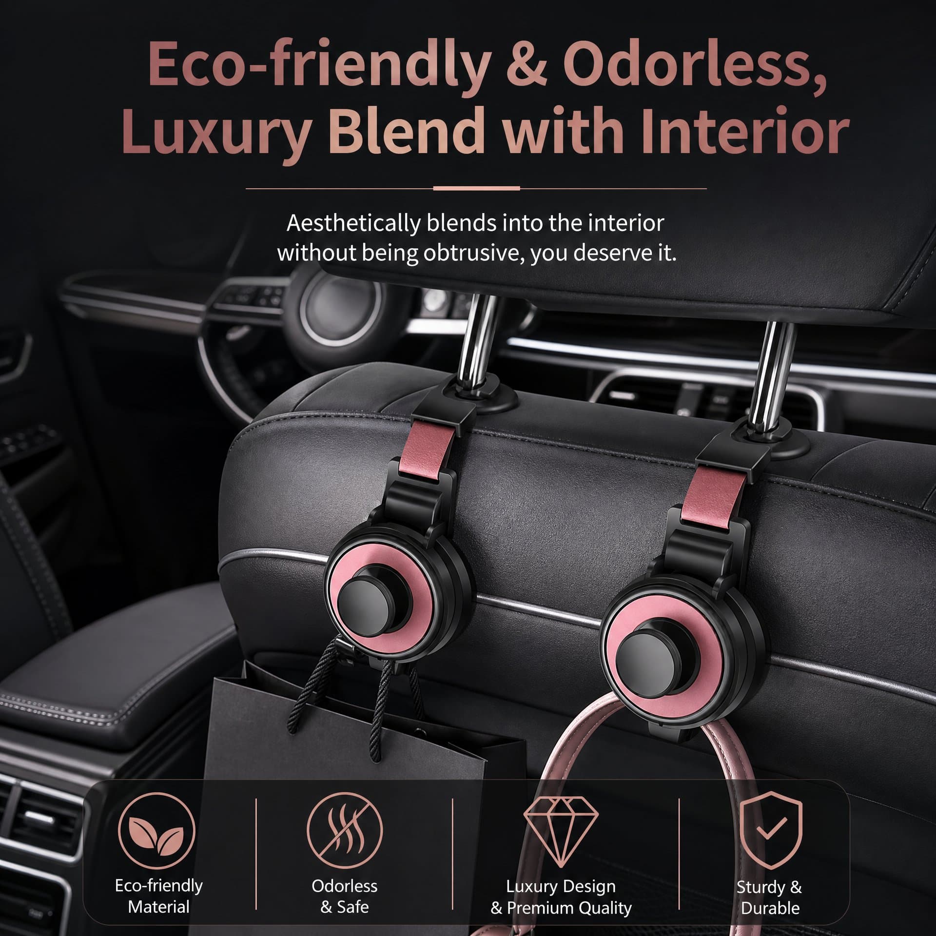2-in-1 Car Headrest Hook & Cup Holder - Universal Back Seat Organizer, Phone Mount, and Bag Hanger