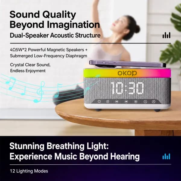 OKOP KP559 Multifunctional Bluetooth 5.3 Alarm Clock Speaker with Wireless Charging, RGB Light & White Noise
