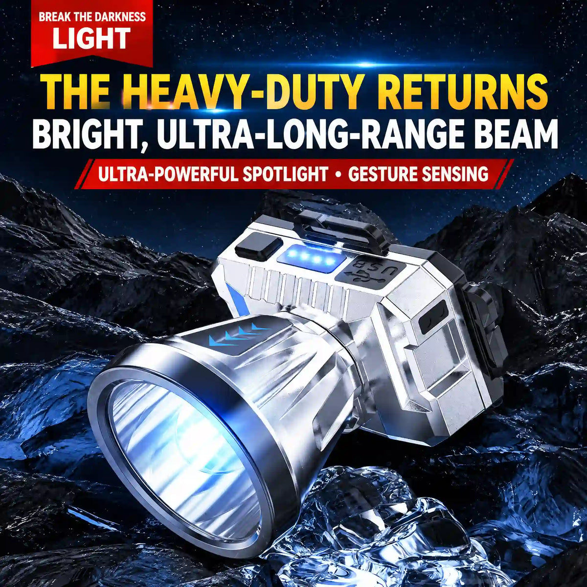 Rechargeable high-power LED headlamp with large reflector and hand-wave sensor on rocky terrain