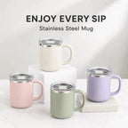 Four stainless steel travel mugs in pastel pink, sage green, lavender, and cream, arranged on white display blocks with the text 'ENJOY EVERY SIP Stainless Steel Mug' above them.