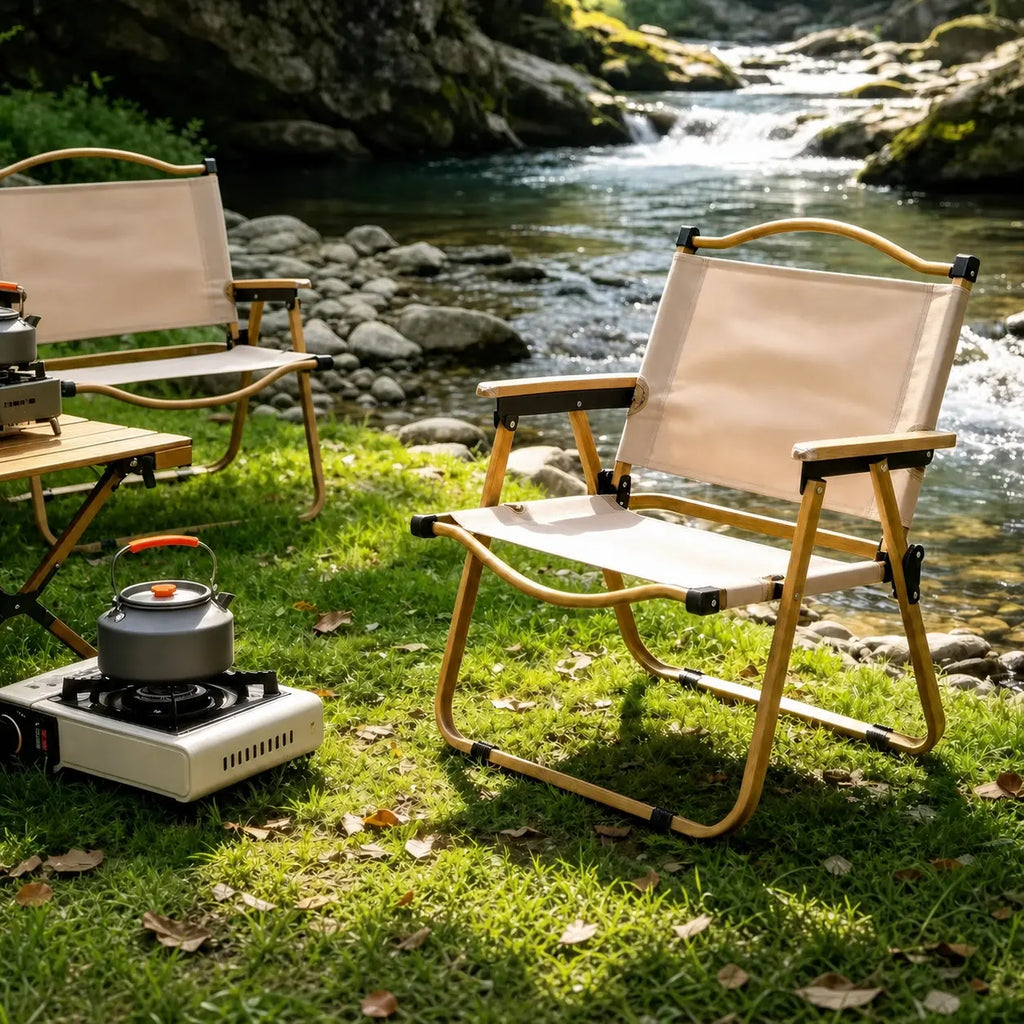 Wood Grain Folding Camping Chair with Beech Wood Armrest, Portable & No Assembly Outdoor Chair