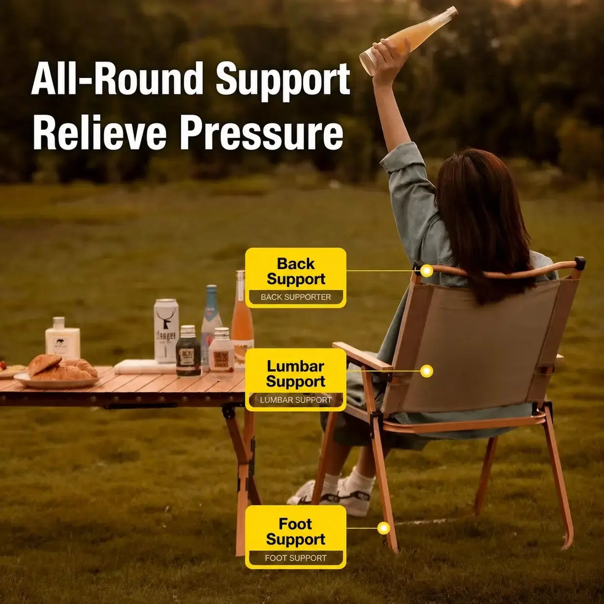 A woman sits in a folding camp chair outdoors on grass, holding a bottle above her head. Large text reads 'All-Round Support Relieve Pressure,' with yellow callout labels pointing to back, lumbar, and foot support areas on the chair.
