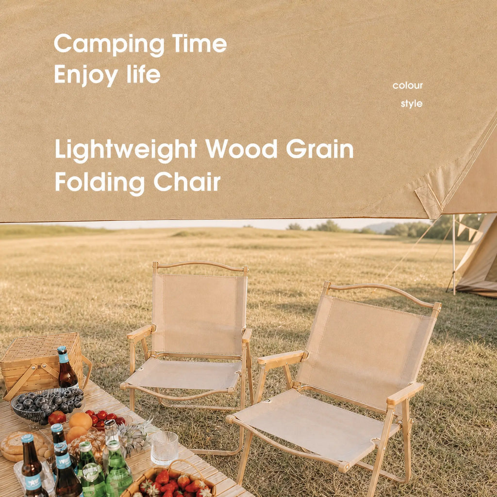 Wood Grain Folding Camping Chair with Beech Wood Armrest, Portable & No Assembly Outdoor Chair