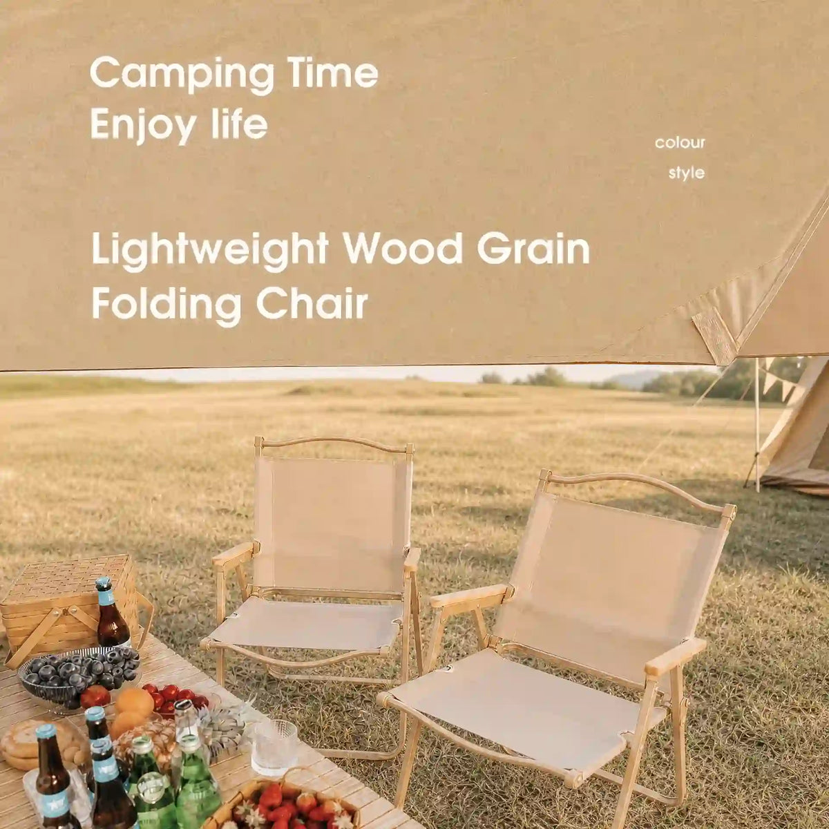 Wood grain folding camping chair with beech wood armrests - product image 2