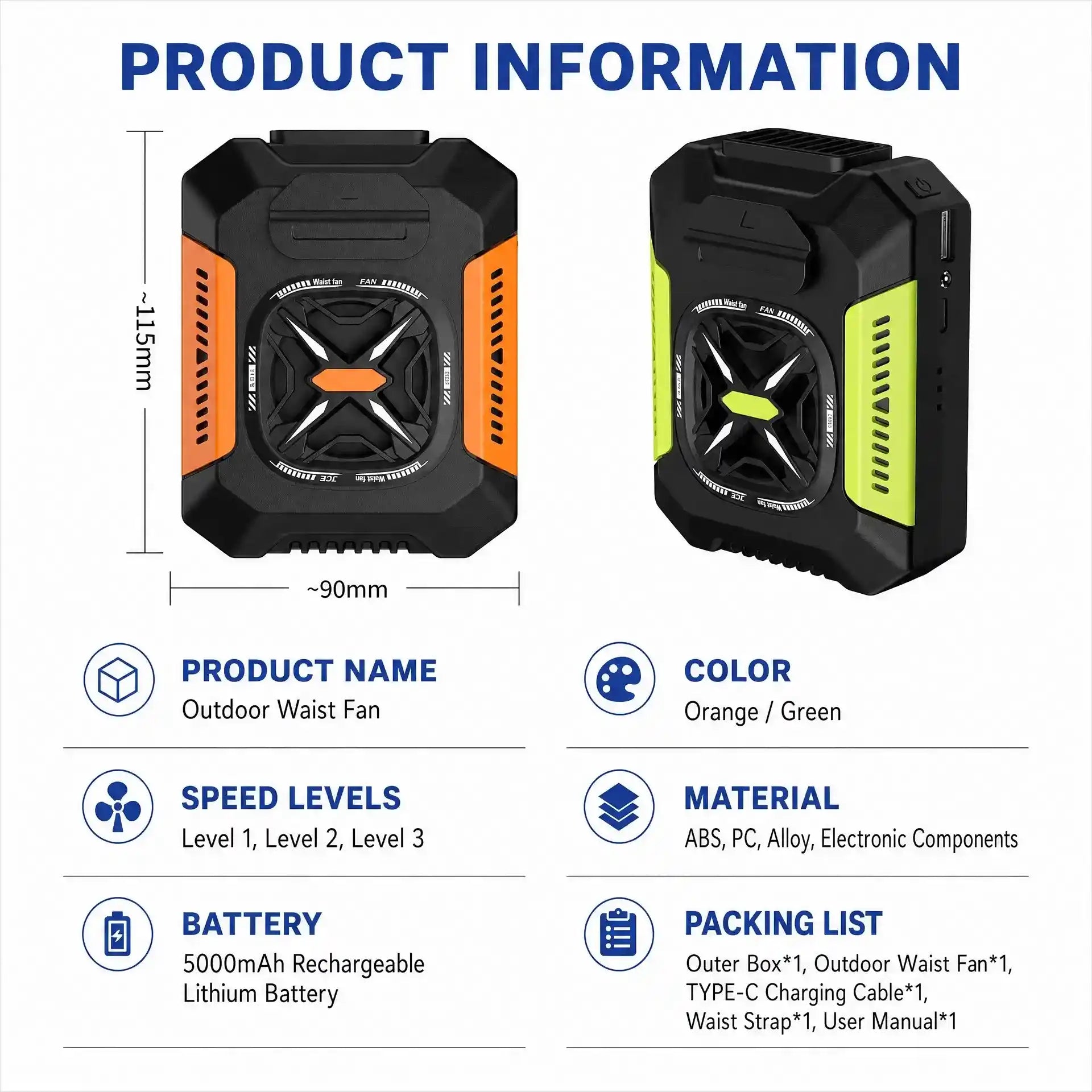 Product information graphic for an outdoor waist fan, showing two views of the fan with dimensions (~11.5cm x 9cm) and text listing product name, color (orange/green), speed levels, battery, material, and packing list on a white background.
