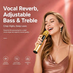 A woman in a satin slip dress holds a gold and black karaoke microphone against a warm pink background, with promotional text highlighting vocal reverb, adjustable bass, treble, and EQ processing.