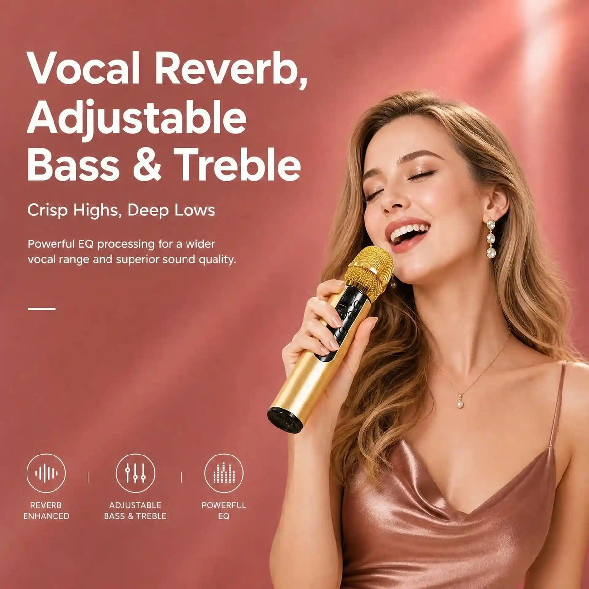 A woman in a satin slip dress holds a gold and black karaoke microphone against a warm pink background, with promotional text highlighting vocal reverb, adjustable bass, treble, and EQ processing.
