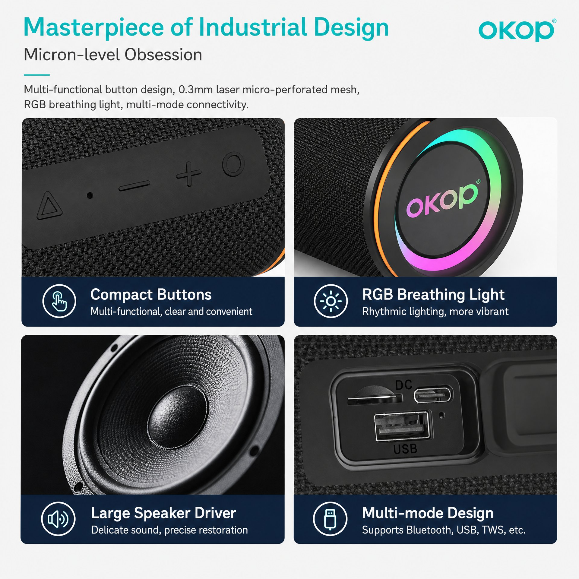 OKOP KP-808 Portable RGB Bluetooth Speaker with Heavy Bass & Long Battery Life