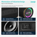 A promotional infographic for the OKOP portable speaker, titled 'Masterpiece of Industrial Design' and 'Micron-level Obsession.' The layout shows four feature panels: compact buttons, RGB breathing light, large speaker driver, and multi-mode design, with close-up product views and descriptive text.