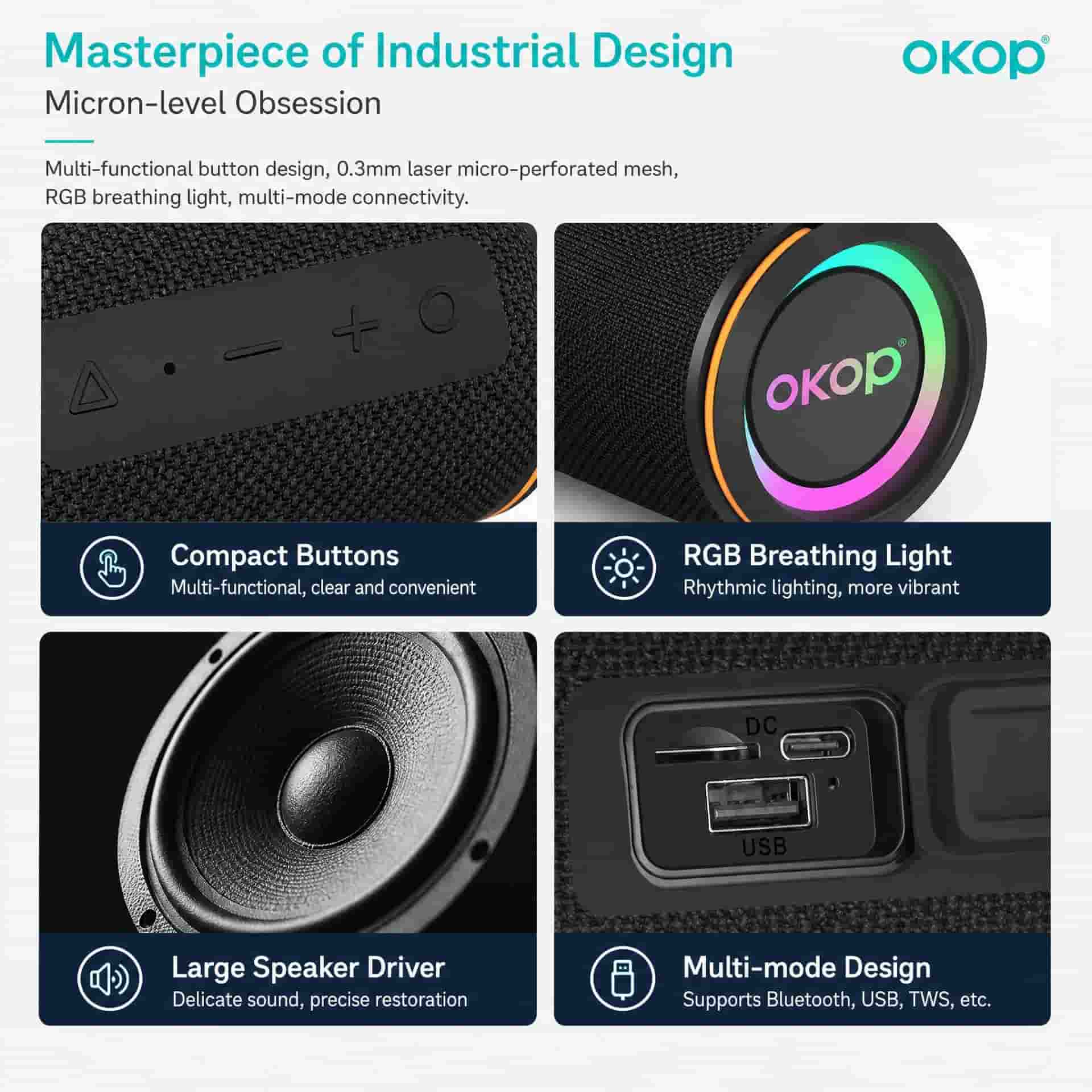 A promotional infographic for the OKOP portable speaker, titled 'Masterpiece of Industrial Design' and 'Micron-level Obsession.' The layout shows four feature panels: compact buttons, RGB breathing light, large speaker driver, and multi-mode design, with close-up product views and descriptive text.