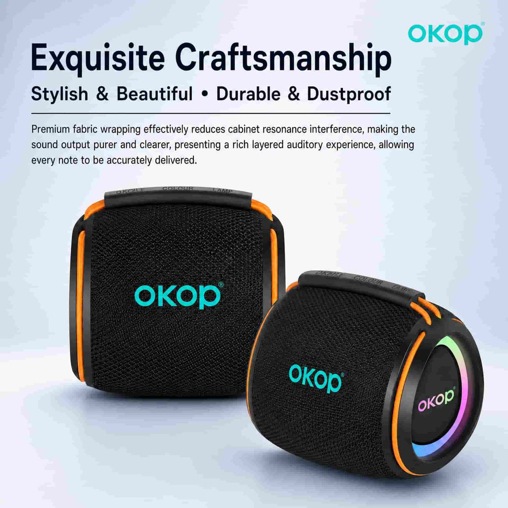 Two black speakers with colorful accents and 'OKOP' branding on a light blue background.