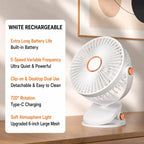 A white rechargeable desk fan with orange accents, shown on a wooden surface in a styled interior setting with a text overlay detailing its features.