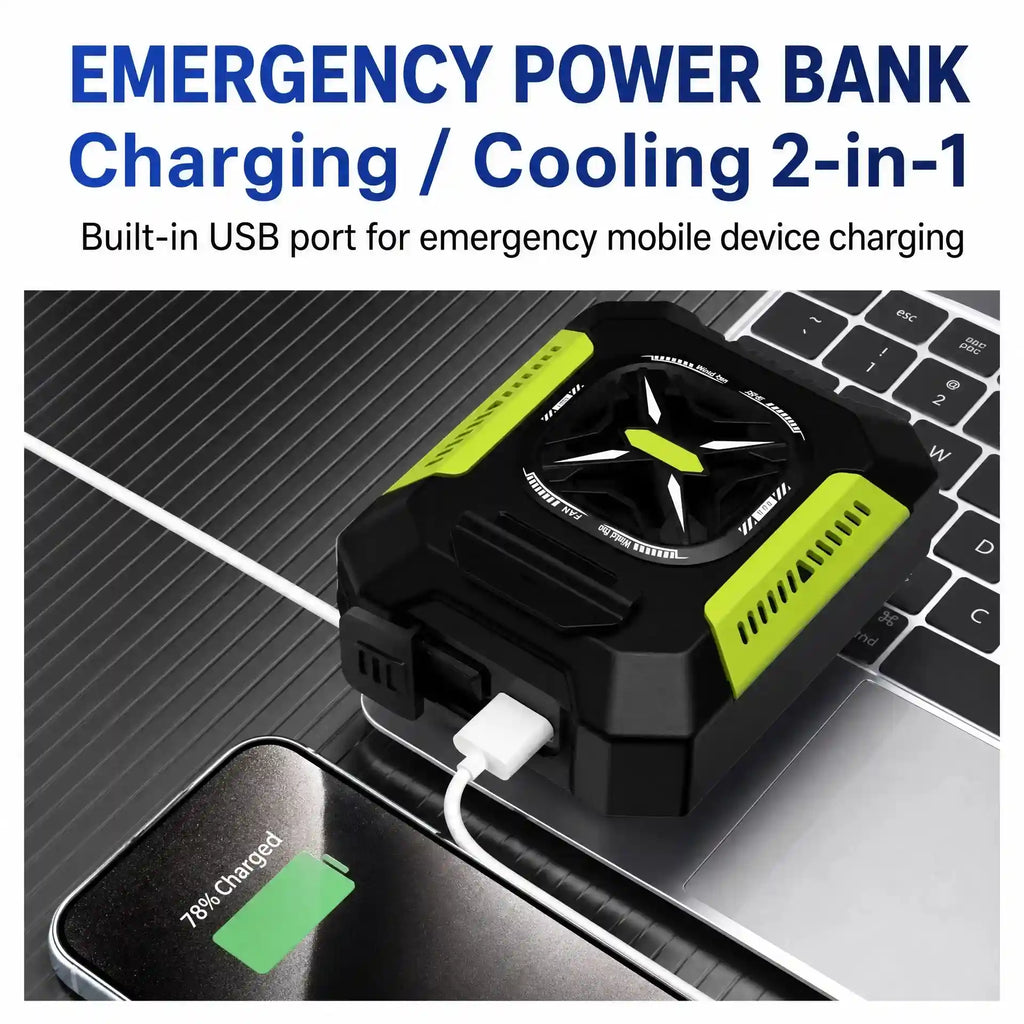 Emergency power bank with built-in USB charging and cooling features, shown plugged into a laptop and phone on a dark textured surface with promotional text at the top.