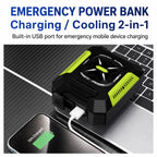 Emergency power bank with built-in USB charging and cooling features, shown plugged into a laptop and phone on a dark textured surface with promotional text at the top.