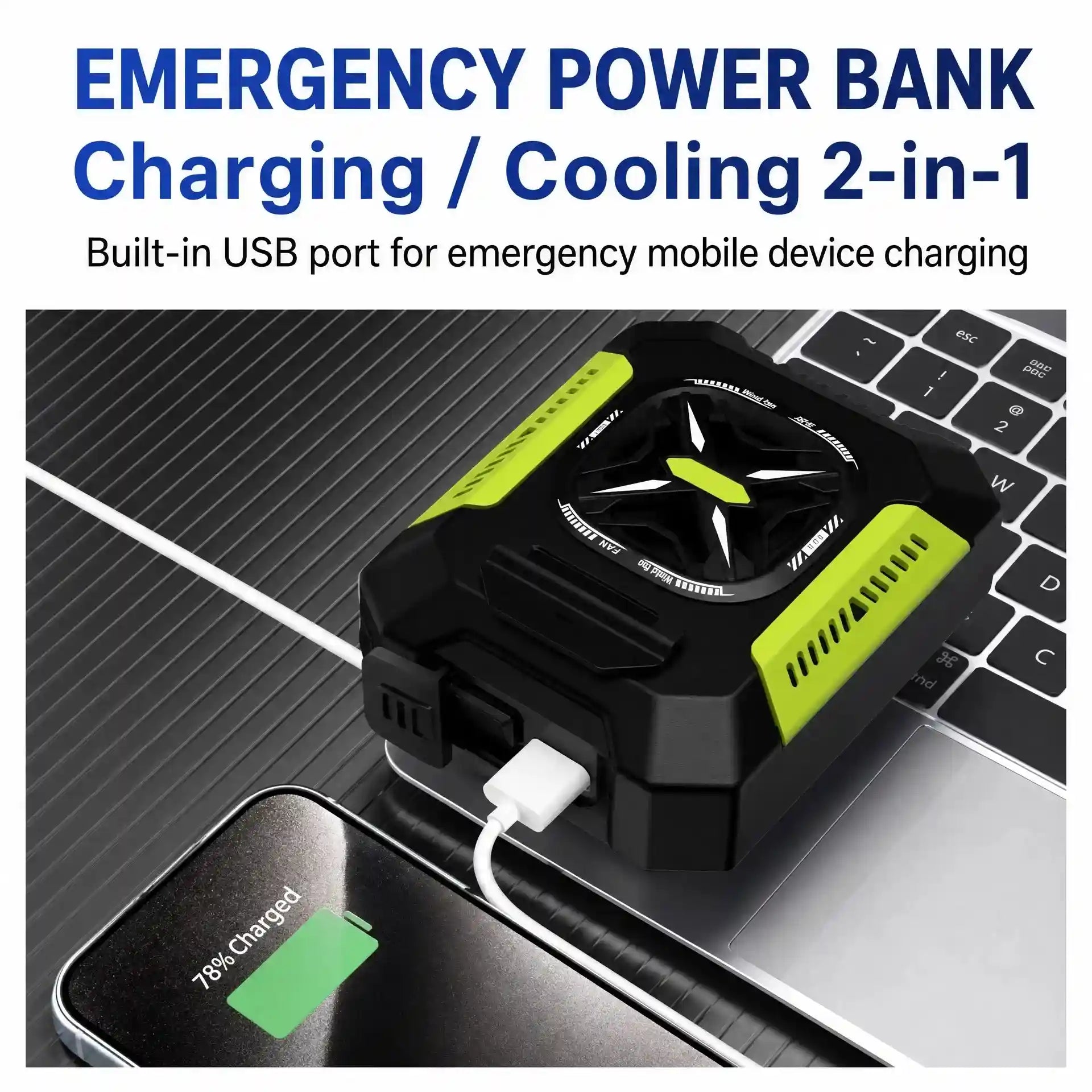 Emergency power bank with built-in USB charging and cooling features, shown plugged into a laptop and phone on a dark textured surface with promotional text at the top.
