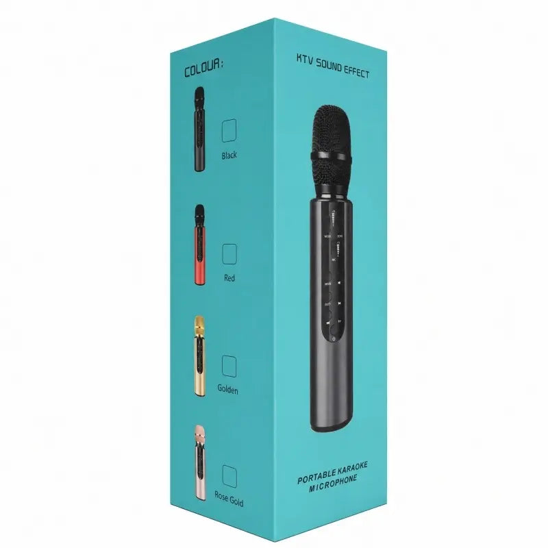 A turquoise retail box for a portable karaoke microphone, showing a large photo of a black microphone on the front and color options along the side including black, red, gold, and rose gold.