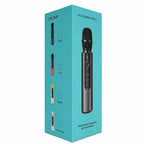 A turquoise retail box for a portable karaoke microphone, showing a large photo of a black microphone on the front and color options along the side including black, red, gold, and rose gold.